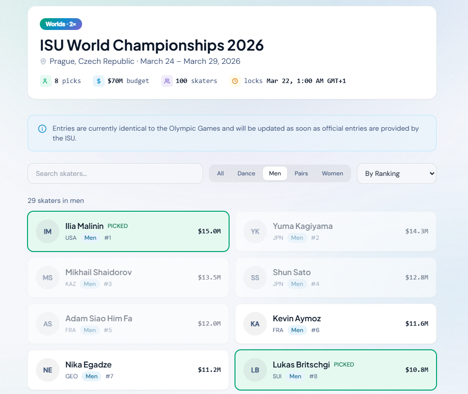 Axel Pick skater pick screen showing ISU World Championships 2026